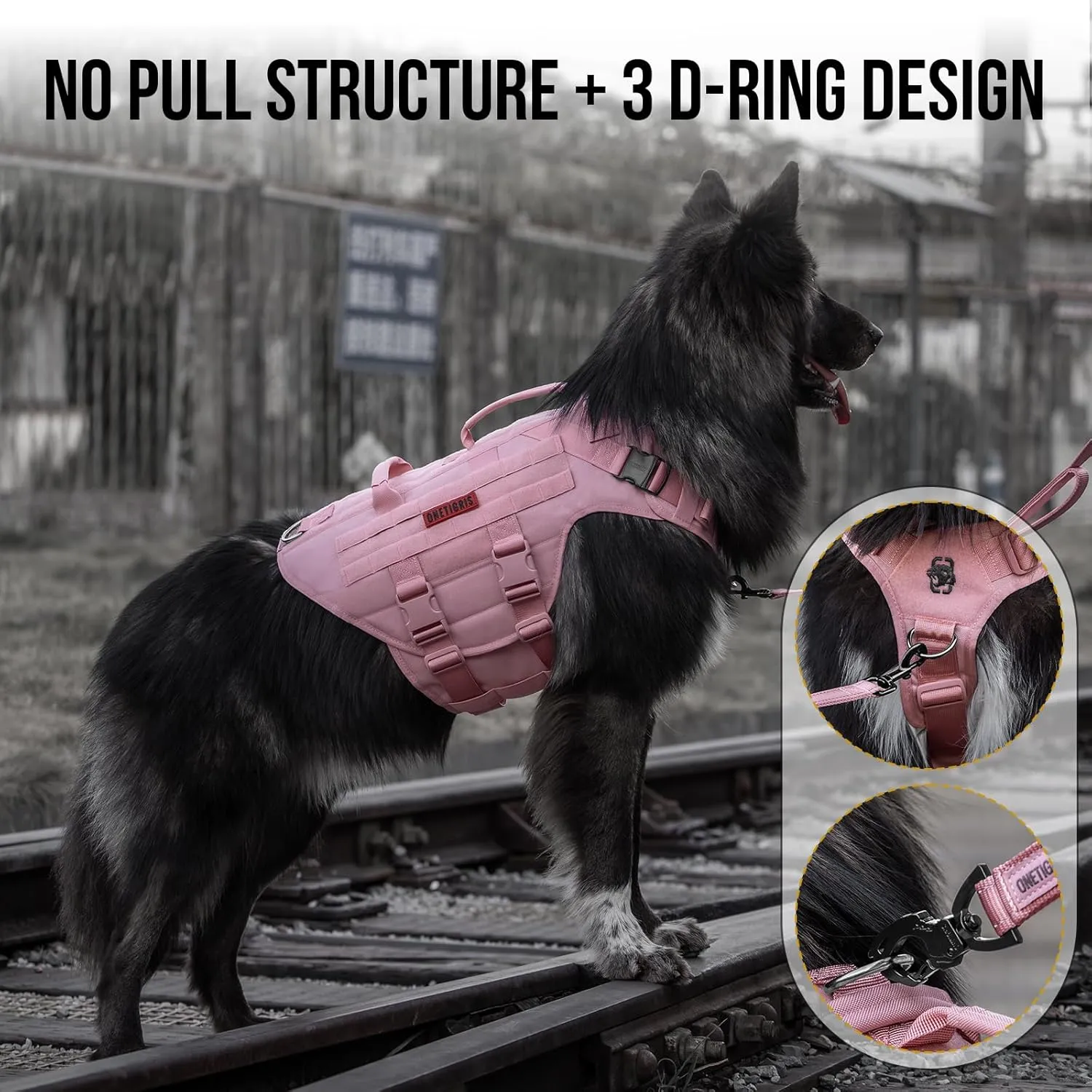 OneTigris Large Tactical Dog Harness, No Pulling Adjustable Dog Vest Harness, Heavy Duty Dog Harness with Handle, Large Hook and Loop Panels for Patch(Pink,XL