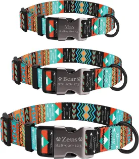 Personalized Dog Collar Tribal - Custom Engraved ID Tag Aztec - Small Medium or Large Size with Half Metal Buckle (Aztec, Small)