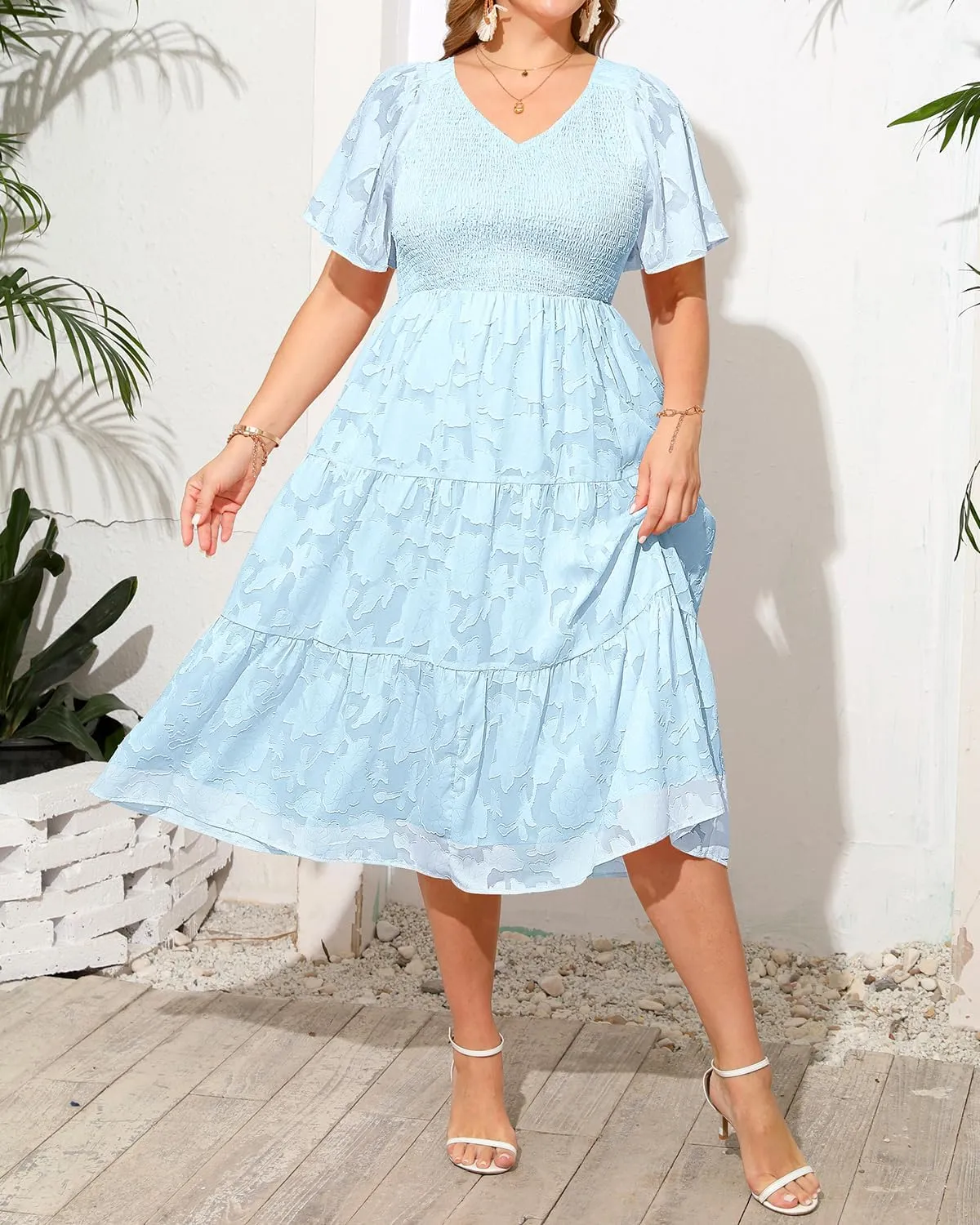 Pinup Fashion Plus Size Summer Casual V Neck Flutter Sleeve Floral Lace Smocked Flowy Tiered Midi Dresses 2024