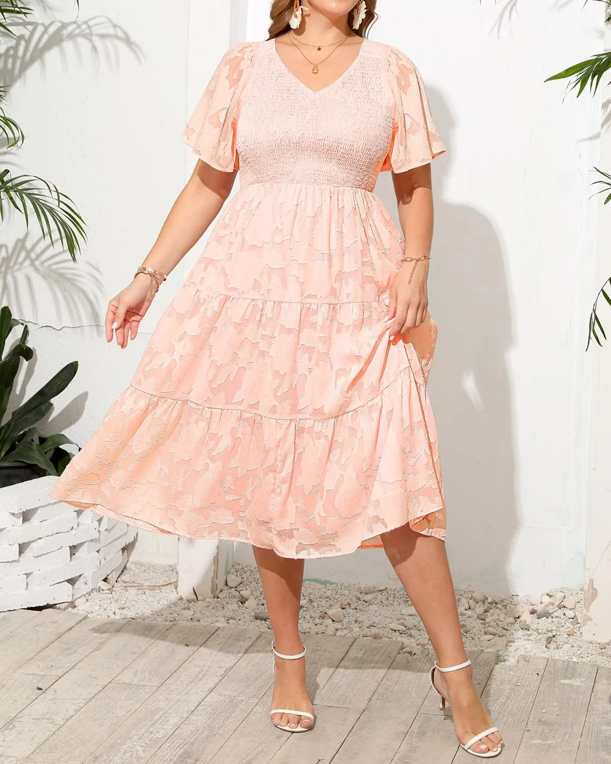 Pinup Fashion Plus Size Summer Casual V Neck Flutter Sleeve Floral Lace Smocked Flowy Tiered Midi Dresses 2024