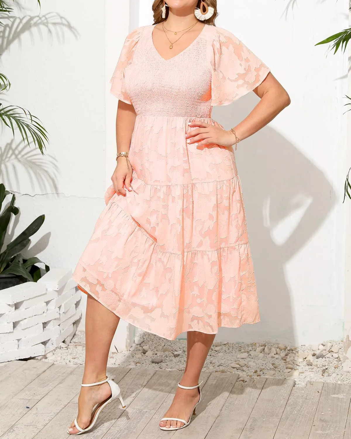 Pinup Fashion Plus Size Summer Casual V Neck Flutter Sleeve Floral Lace Smocked Flowy Tiered Midi Dresses 2024