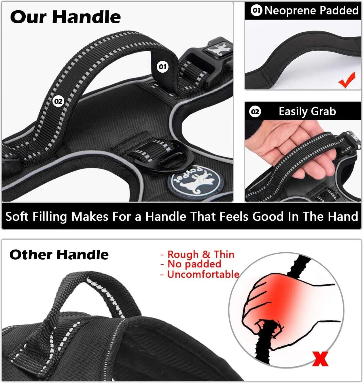 PoyPet No Pull Dog Harness, No Choke Front Lead Dog Reflective Harness, Adjustable Soft Padded Pet Vest with Easy Control Handle for Small to Large Dogs(Black,S)