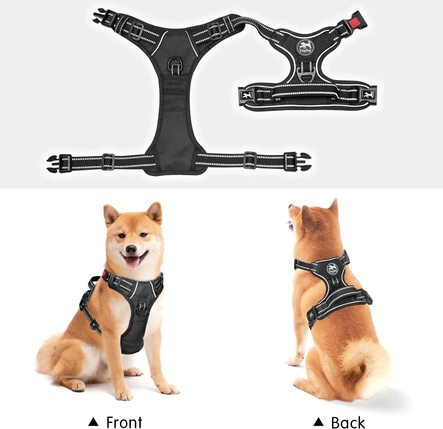 PoyPet No Pull Dog Harness, No Choke Front Lead Dog Reflective Harness, Adjustable Soft Padded Pet Vest with Easy Control Handle for Small to Large Dogs(Black,S)