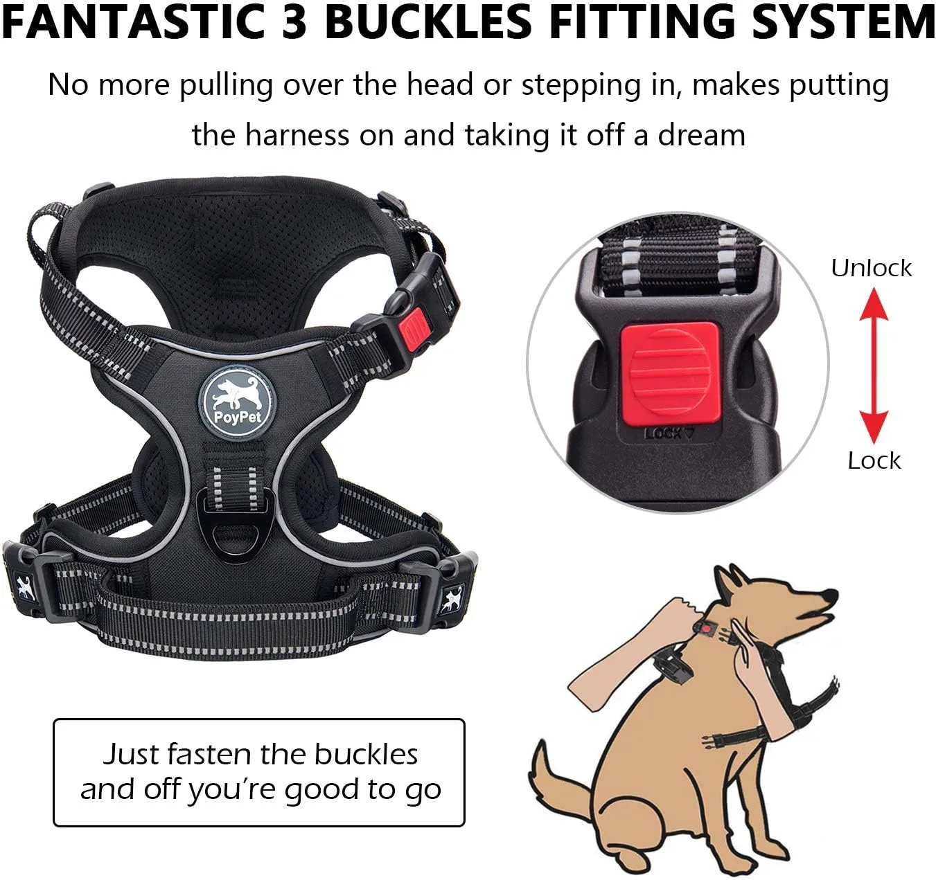 PoyPet No Pull Dog Harness, No Choke Front Lead Dog Reflective Harness, Adjustable Soft Padded Pet Vest with Easy Control Handle for Small to Large Dogs(Black,S)