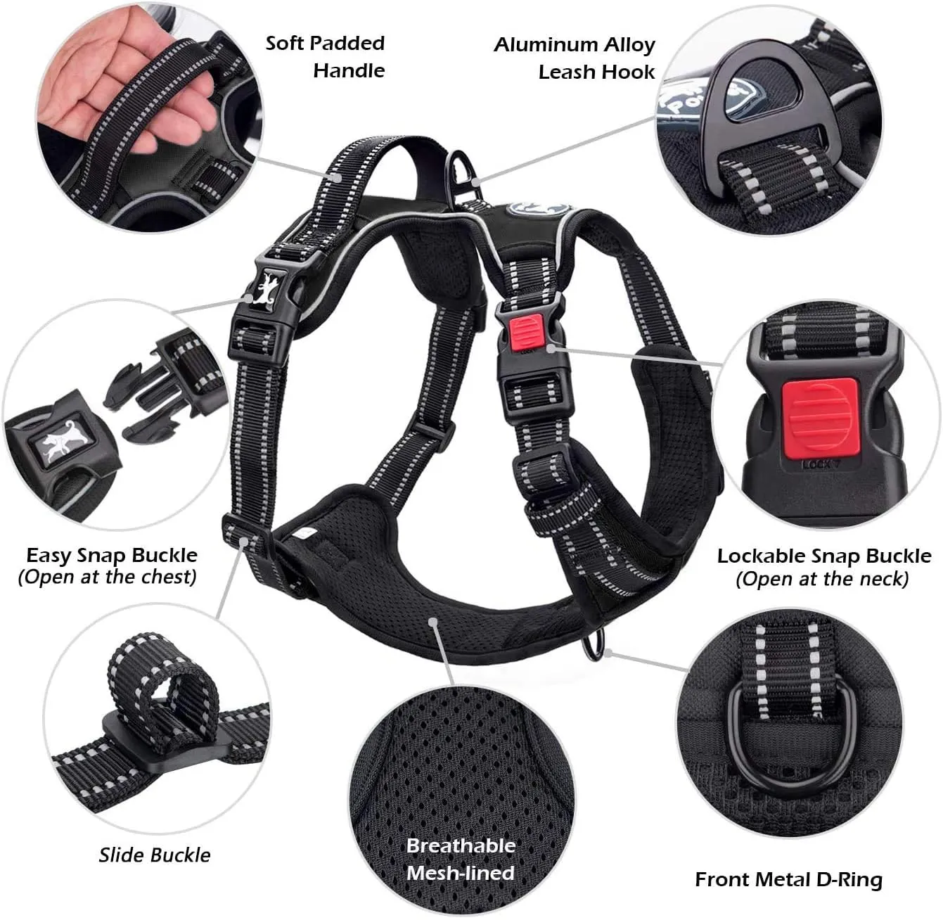 PoyPet No Pull Dog Harness, No Choke Front Lead Dog Reflective Harness, Adjustable Soft Padded Pet Vest with Easy Control Handle for Small to Large Dogs(Black,S)