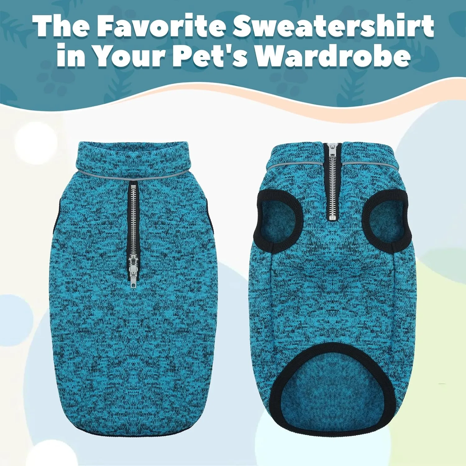 ROZKITCH Dog Sweater, Knit Dog Jacket with Fleece Lining, Dog Coats for Small Dogs with Zipper Opening for Harness, Fleece Dog Jacket Adjustable Neck Reflective Pet Jacket Blue M