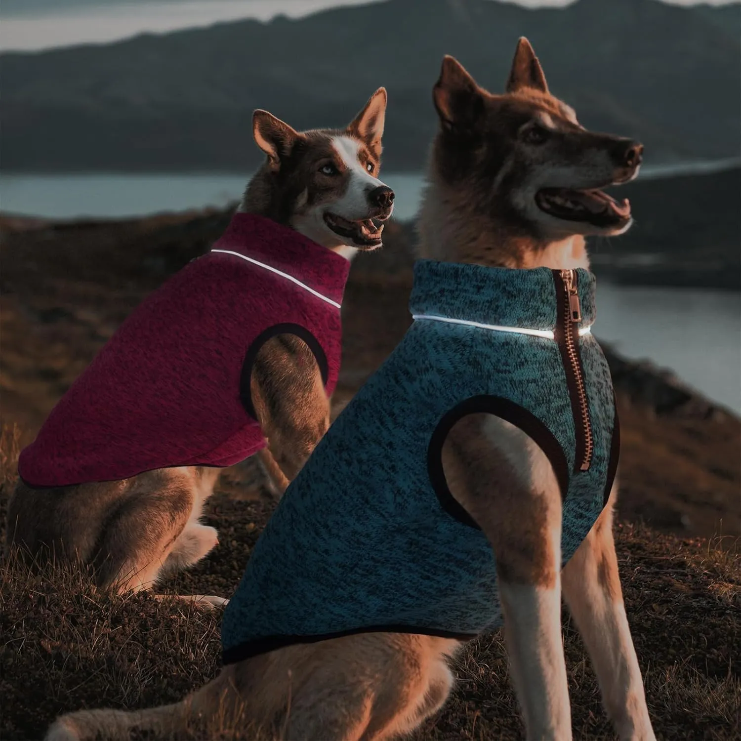 ROZKITCH Dog Sweater, Knit Dog Jacket with Fleece Lining, Dog Coats for Small Dogs with Zipper Opening for Harness, Fleece Dog Jacket Adjustable Neck Reflective Pet Jacket Blue M