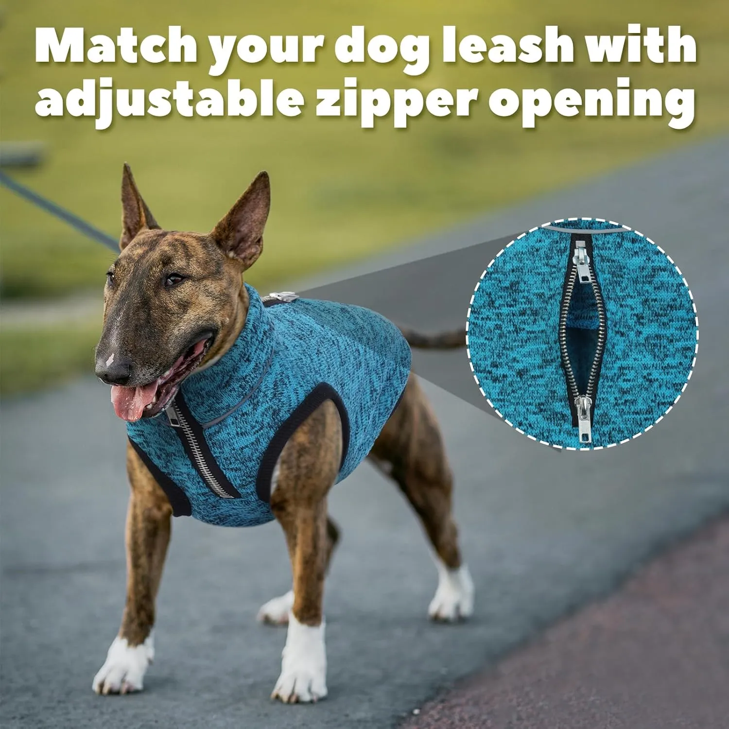 ROZKITCH Dog Sweater, Knit Dog Jacket with Fleece Lining, Dog Coats for Small Dogs with Zipper Opening for Harness, Fleece Dog Jacket Adjustable Neck Reflective Pet Jacket Blue M