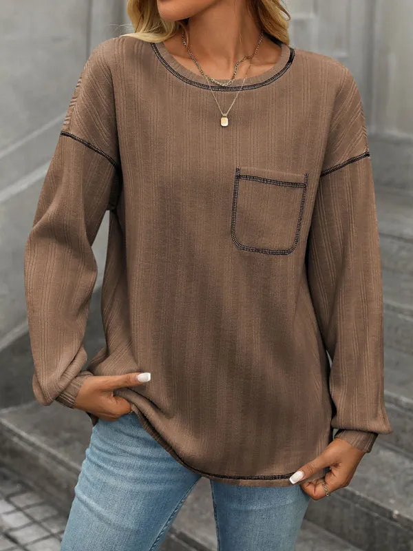 Sabrina Women's Ribbed Brushed Solid Color Round Neck Pocket Casual Loose T-Shirt