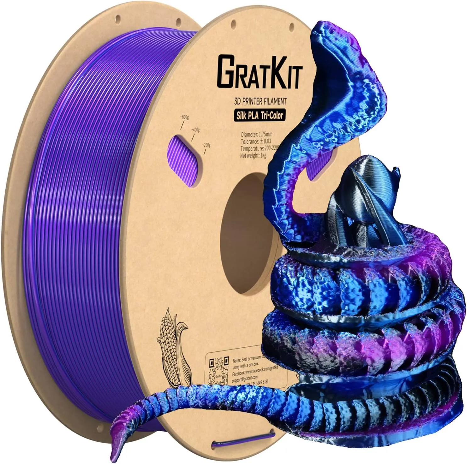 Silk Tri-Color PLA FilamentCoextrusion PLA Filament 1.75mm,  /-0.03mm, 1KG/Roll, Silk PLA Blue & Purple & Black