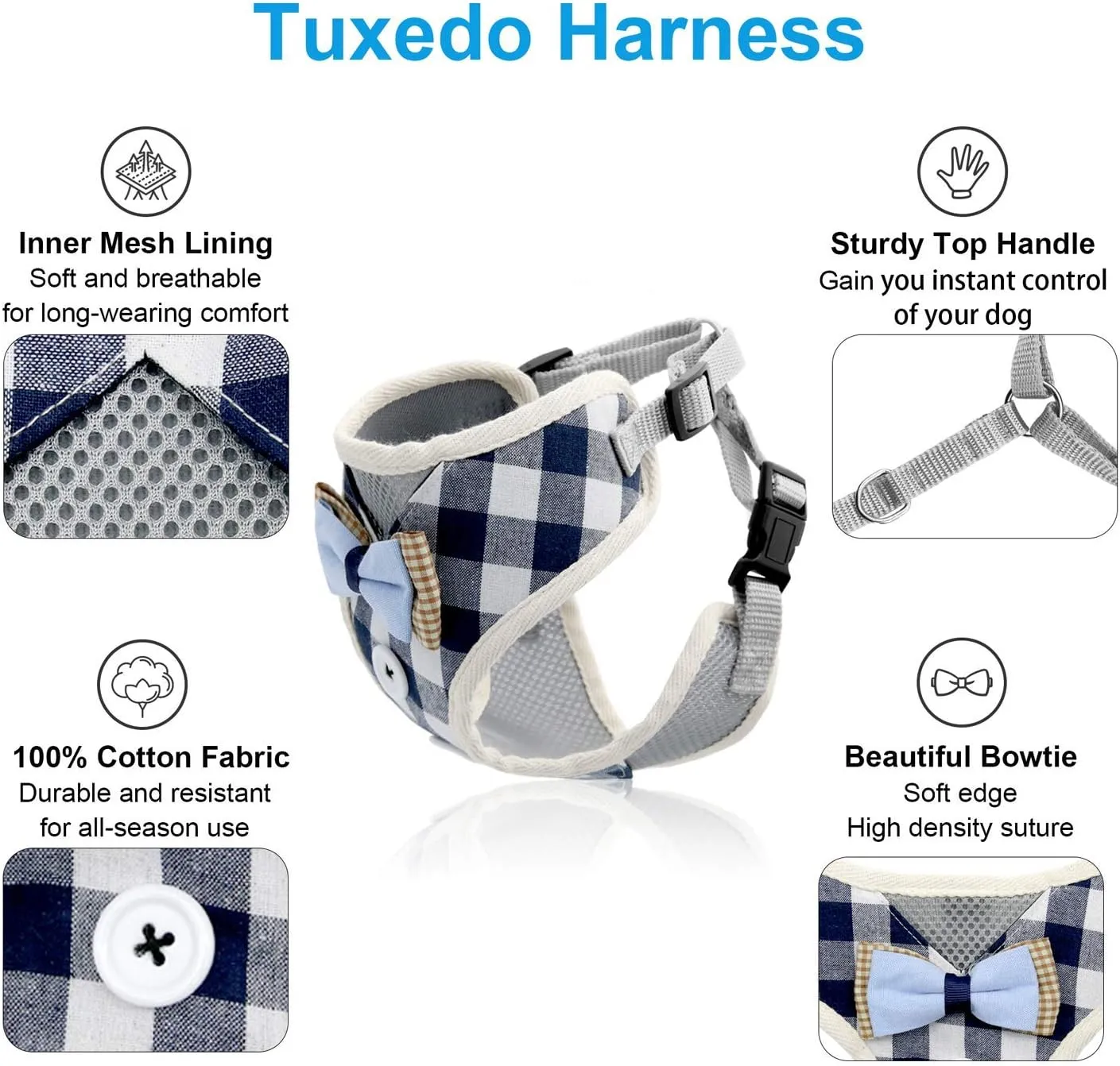 Small Puppy Harness with Bowtie, Adjustable Dog Vest Mesh Tuxedo Harness for Small Dog Kitten, Perfect for Party Wedding Holiday (S, Blue Plaid)