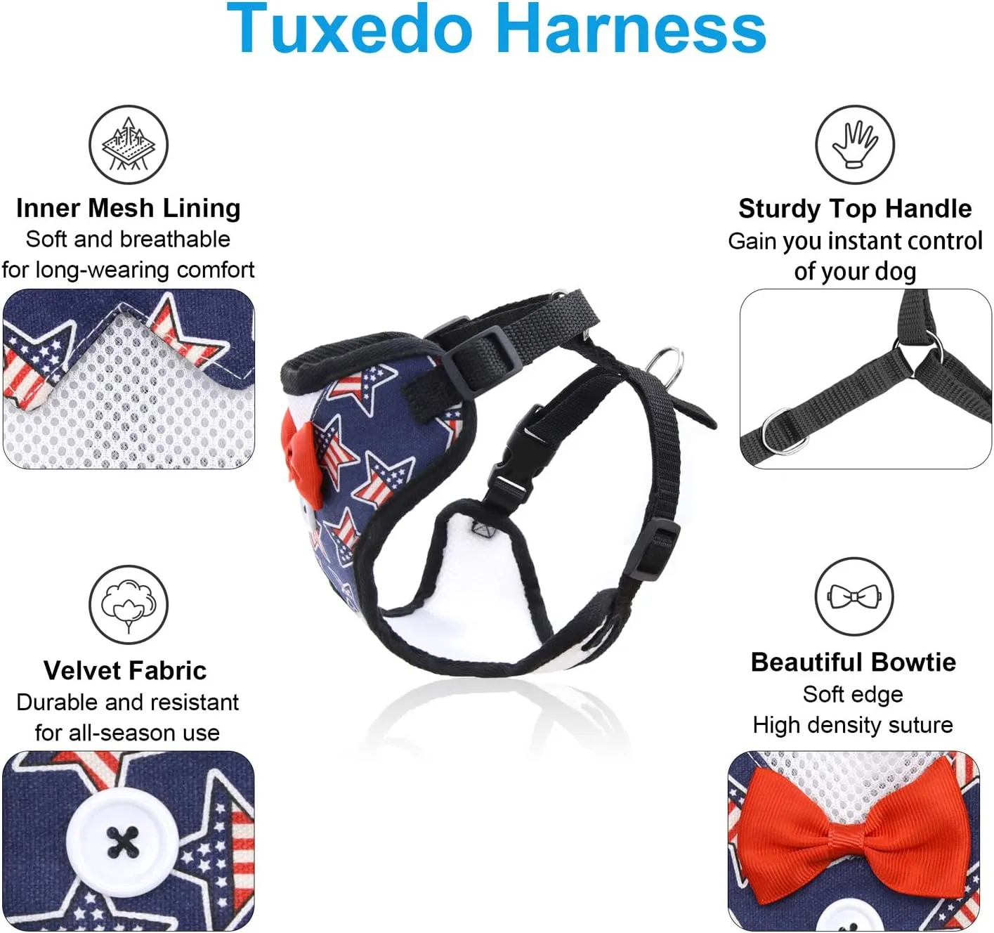 Small Puppy Harness with Bowtie, Adjustable Dog Vest Mesh Tuxedo Harness for Small Dog Kitten, Perfect for Party Wedding Holiday(L, US Flag)