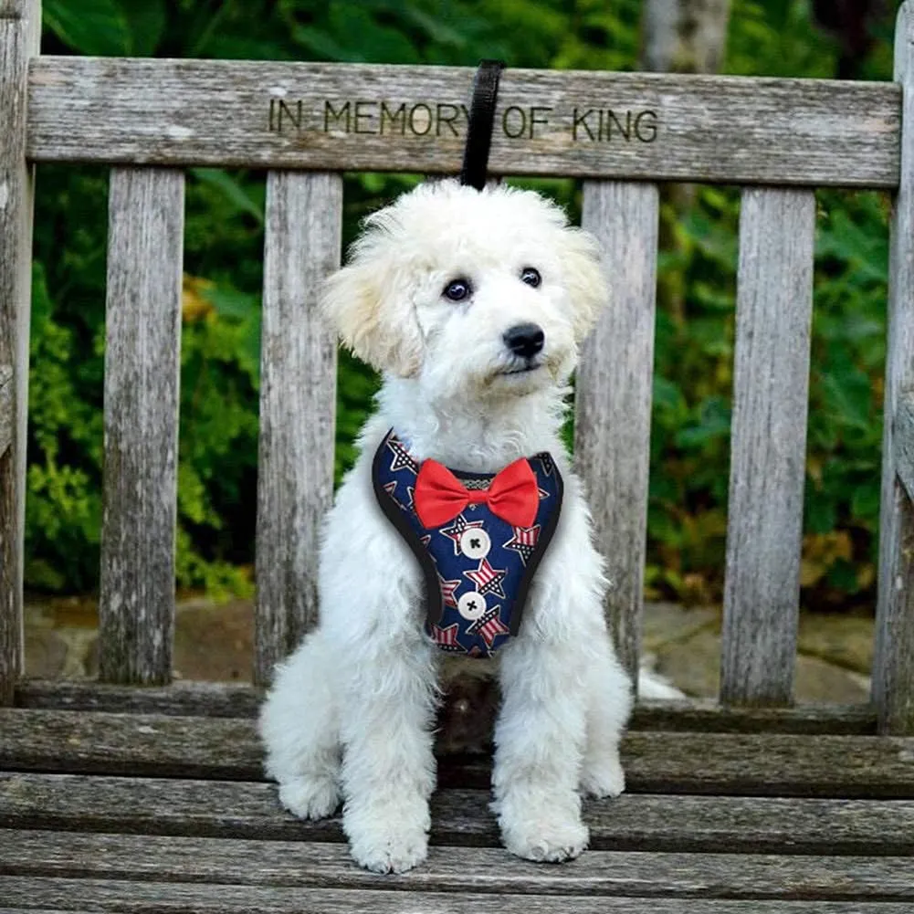 Small Puppy Harness with Bowtie, Adjustable Dog Vest Mesh Tuxedo Harness for Small Dog Kitten, Perfect for Party Wedding Holiday(L, US Flag)