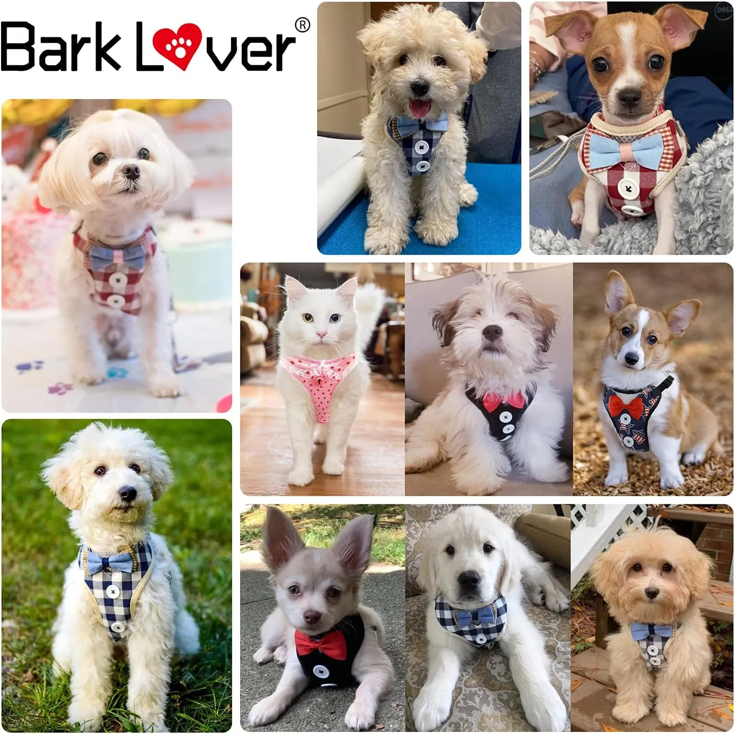 Small Puppy Harness with Bowtie, Adjustable Dog Vest Mesh Tuxedo Harness for Small Dog Kitten, Perfect for Party Wedding Holiday(L, US Flag)