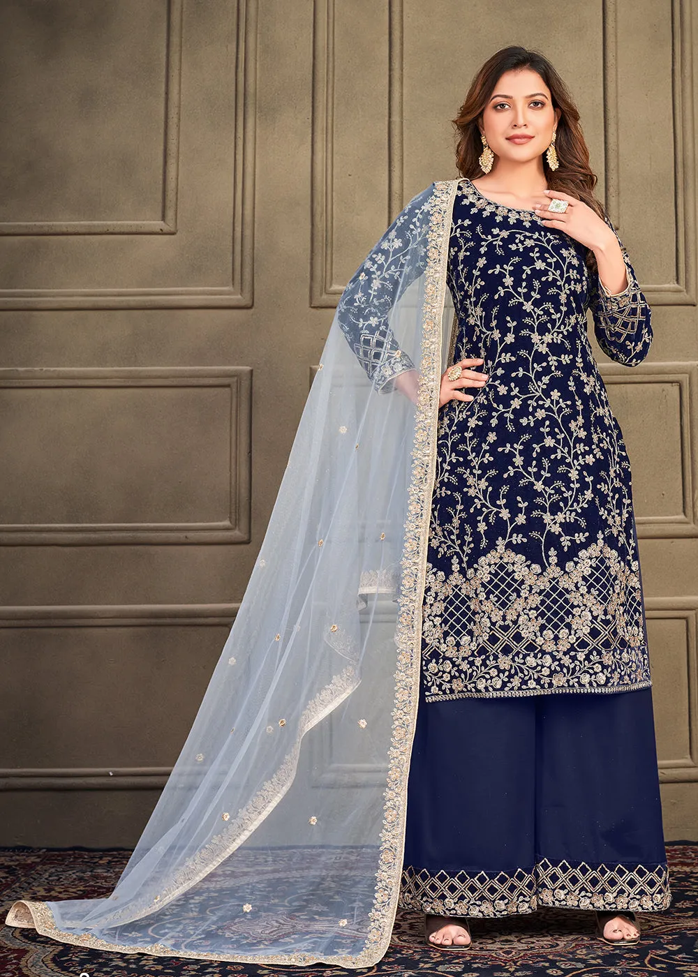 Traditional Party Wear Navy Blue Velvet Palazzo Salwar Kurta