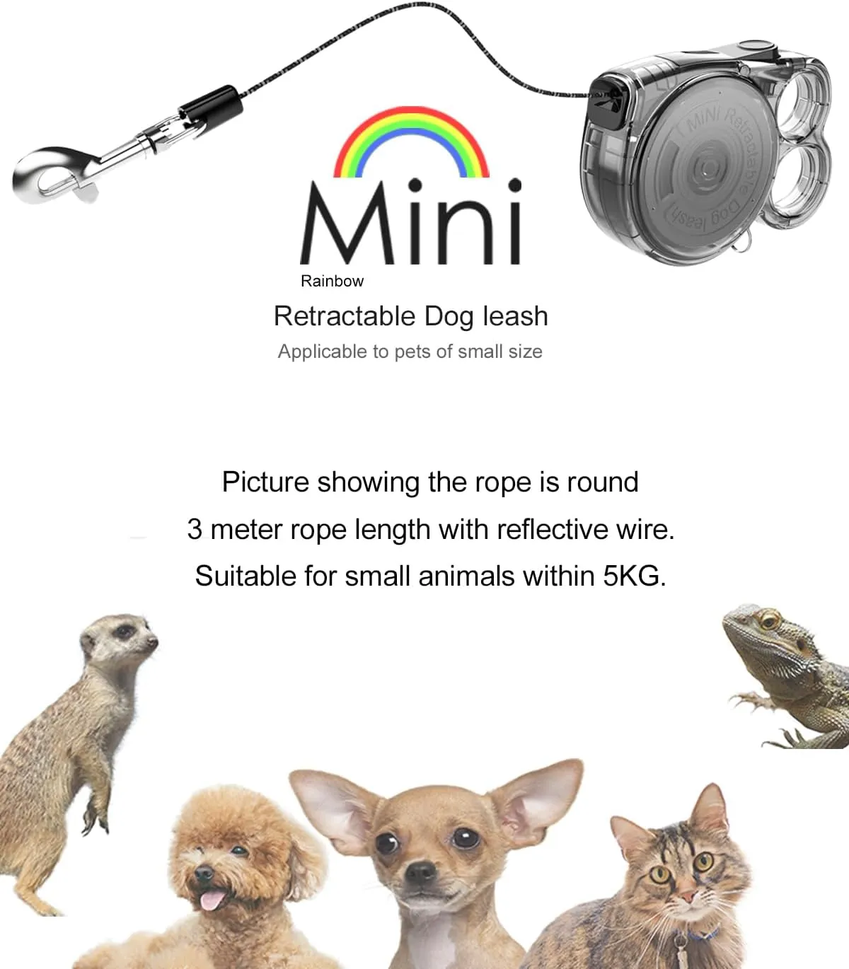 Transparent Rainbow Small Dog Retractable Leash for Small Dogs and Portable Weighs Only 98g and Cats up to 18 lbs 360 Tangle-Free One-Hand Brake 10-Foot Tape Durable