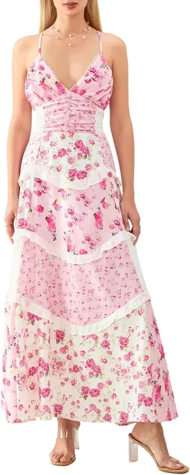Women Tie Shoulder Boho Floral Maxi Dress Y2k Spaghetti Strap Flowy Long Dresses Summer Tiered Beach Sundress