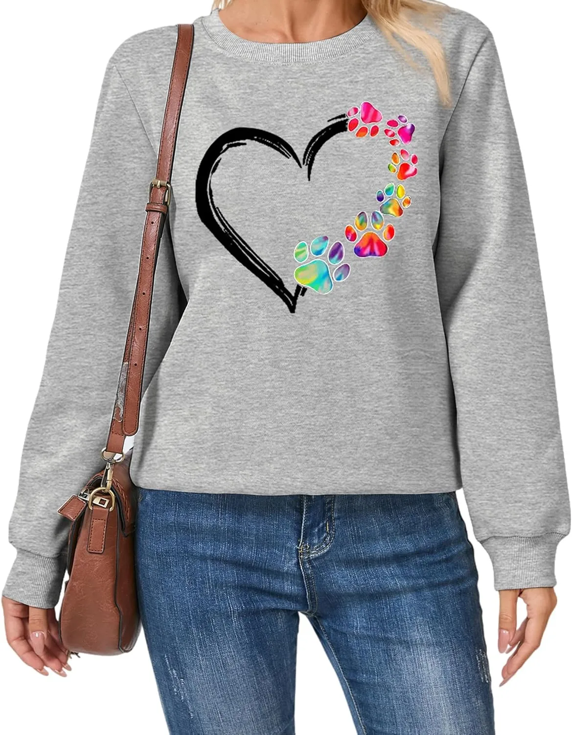 Womens Dog Paw Sweatshirt Fleece Lined Crewneck Long Sleeve Valentines Shirt Dog Lover Gift Tops