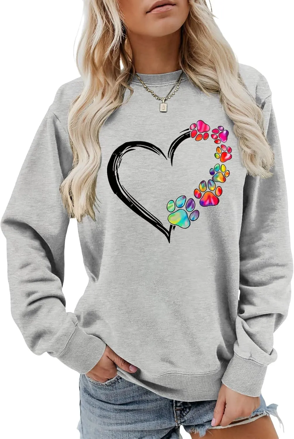 Womens Dog Paw Sweatshirt Fleece Lined Crewneck Long Sleeve Valentines Shirt Dog Lover Gift Tops