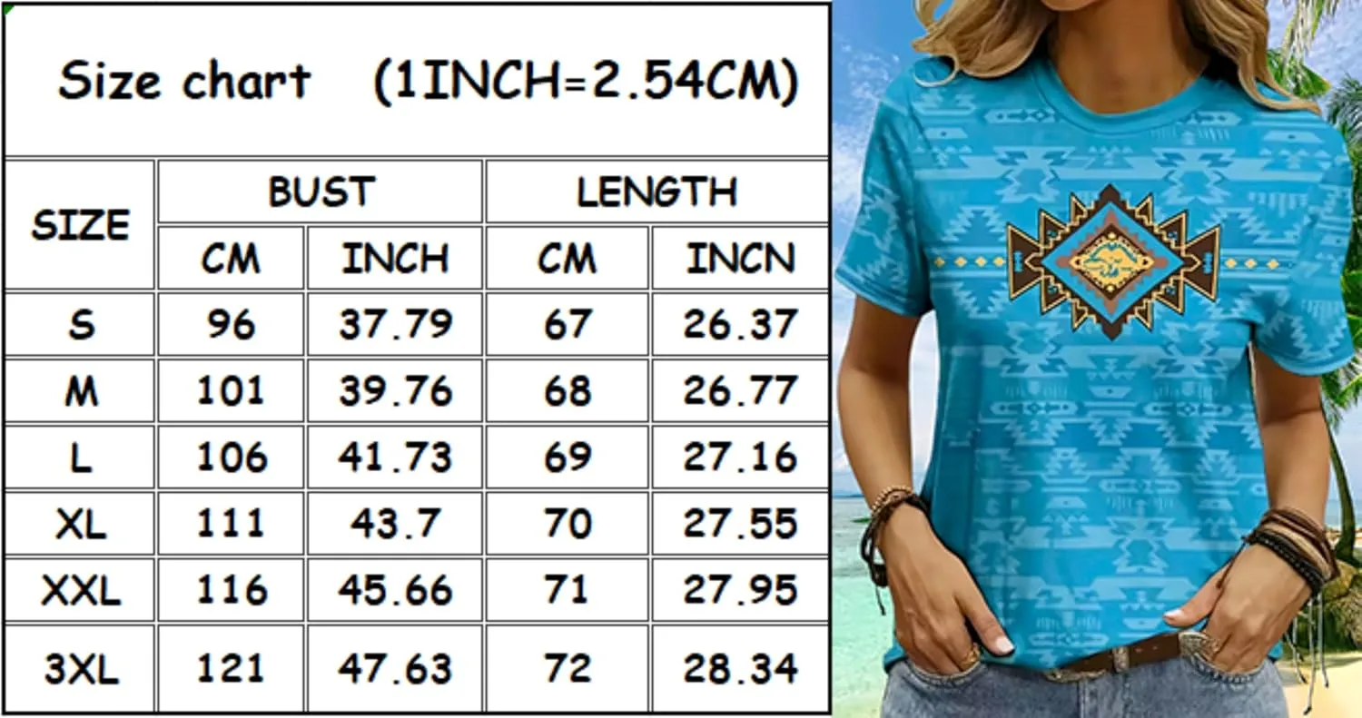 Women's Southwest Tribe Printed T-Shirt Boho Style Casual Round Neck Top Aztec Geometric Bull Head Pattern Shirt