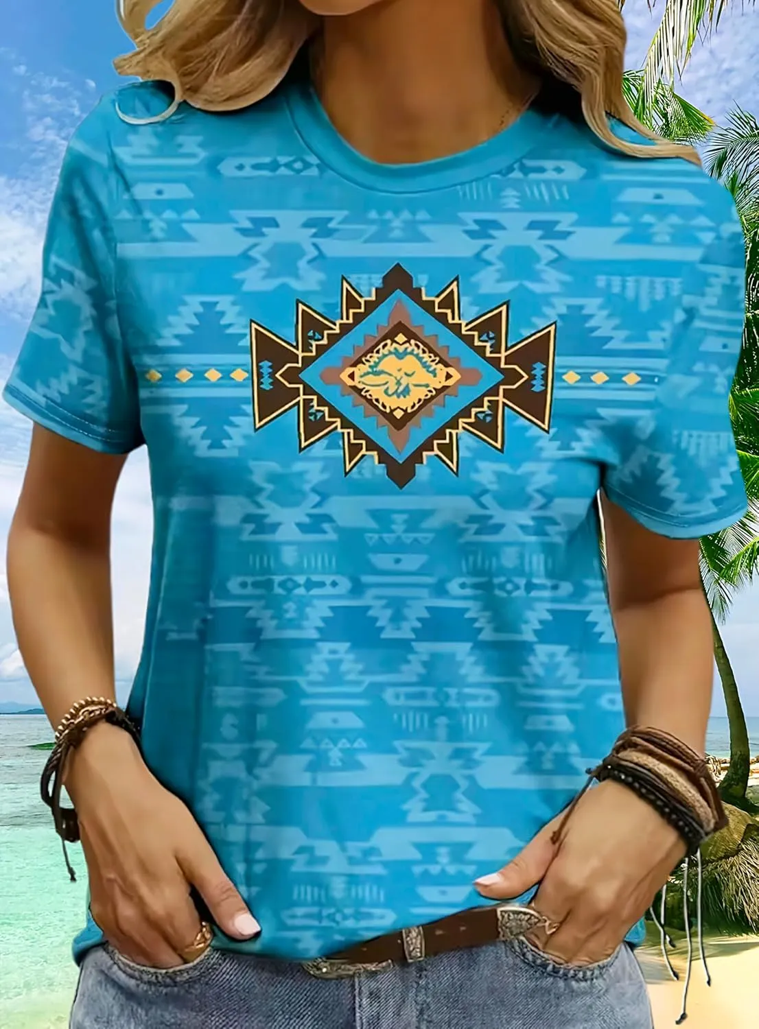 Women's Southwest Tribe Printed T-Shirt Boho Style Casual Round Neck Top Aztec Geometric Bull Head Pattern Shirt