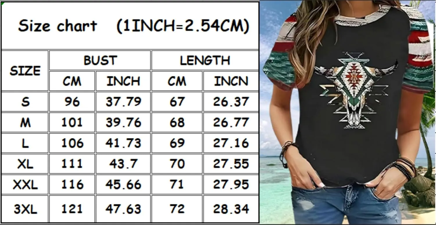 Women's Southwest Tribe Printed T-Shirt Boho Style Casual Round Neck Top Aztec Geometric Bull Head Pattern Shirt