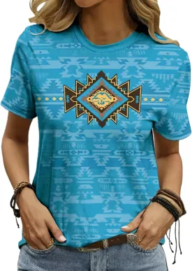 Women's Southwest Tribe Printed T-Shirt Boho Style Casual Round Neck Top Aztec Geometric Bull Head Pattern Shirt