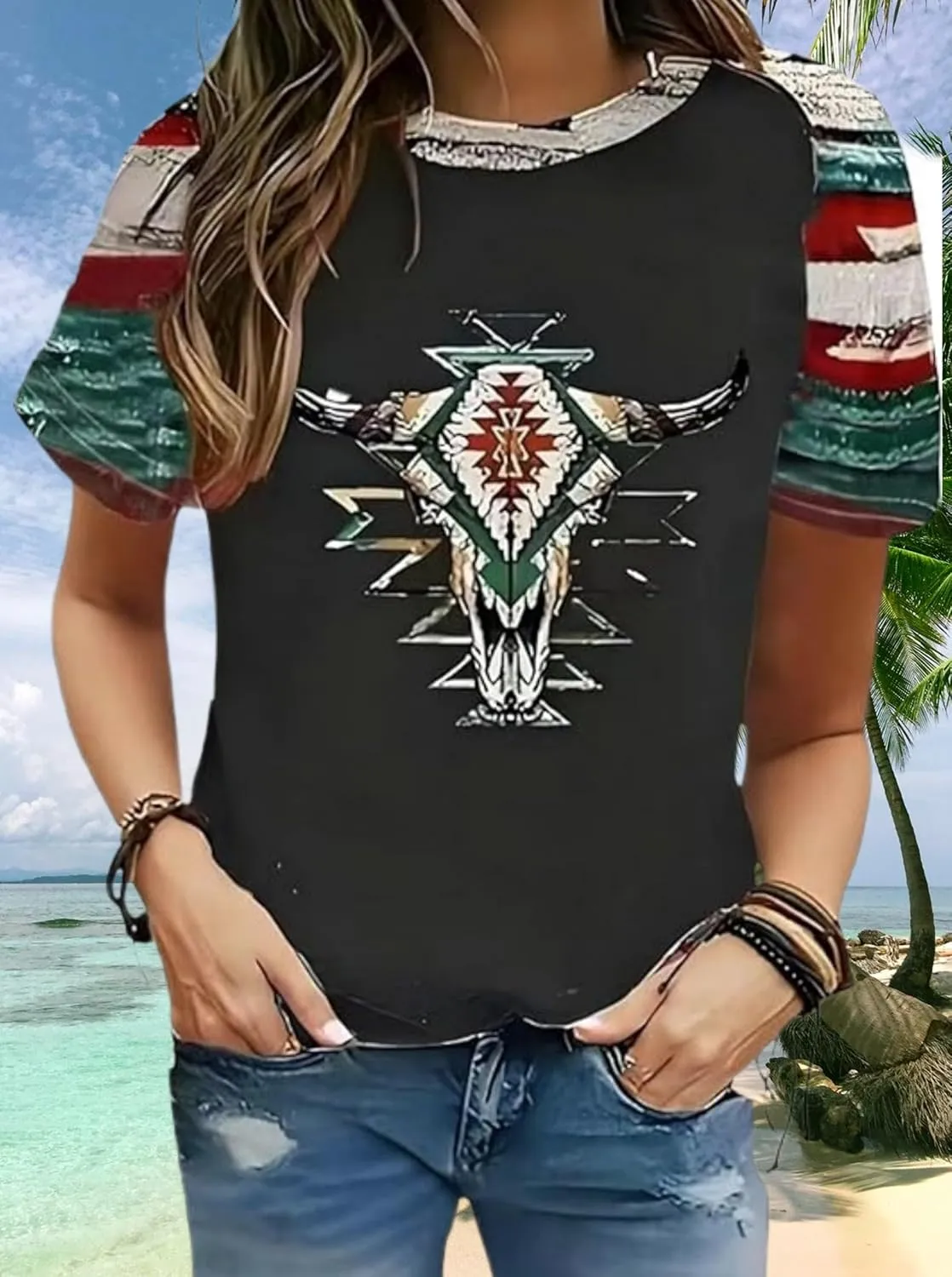 Women's Southwest Tribe Printed T-Shirt Boho Style Casual Round Neck Top Aztec Geometric Bull Head Pattern Shirt
