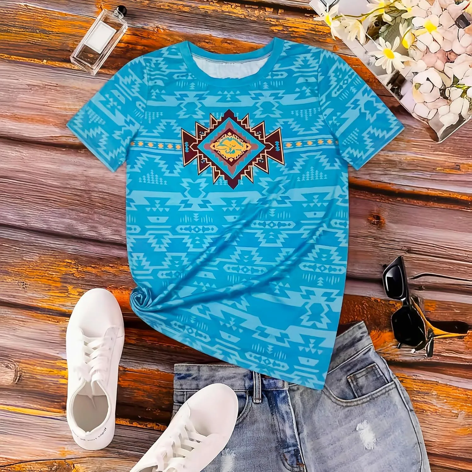 Women's Southwest Tribe Printed T-Shirt Boho Style Casual Round Neck Top Aztec Geometric Bull Head Pattern Shirt