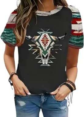 Women's Southwest Tribe Printed T-Shirt Boho Style Casual Round Neck Top Aztec Geometric Bull Head Pattern Shirt