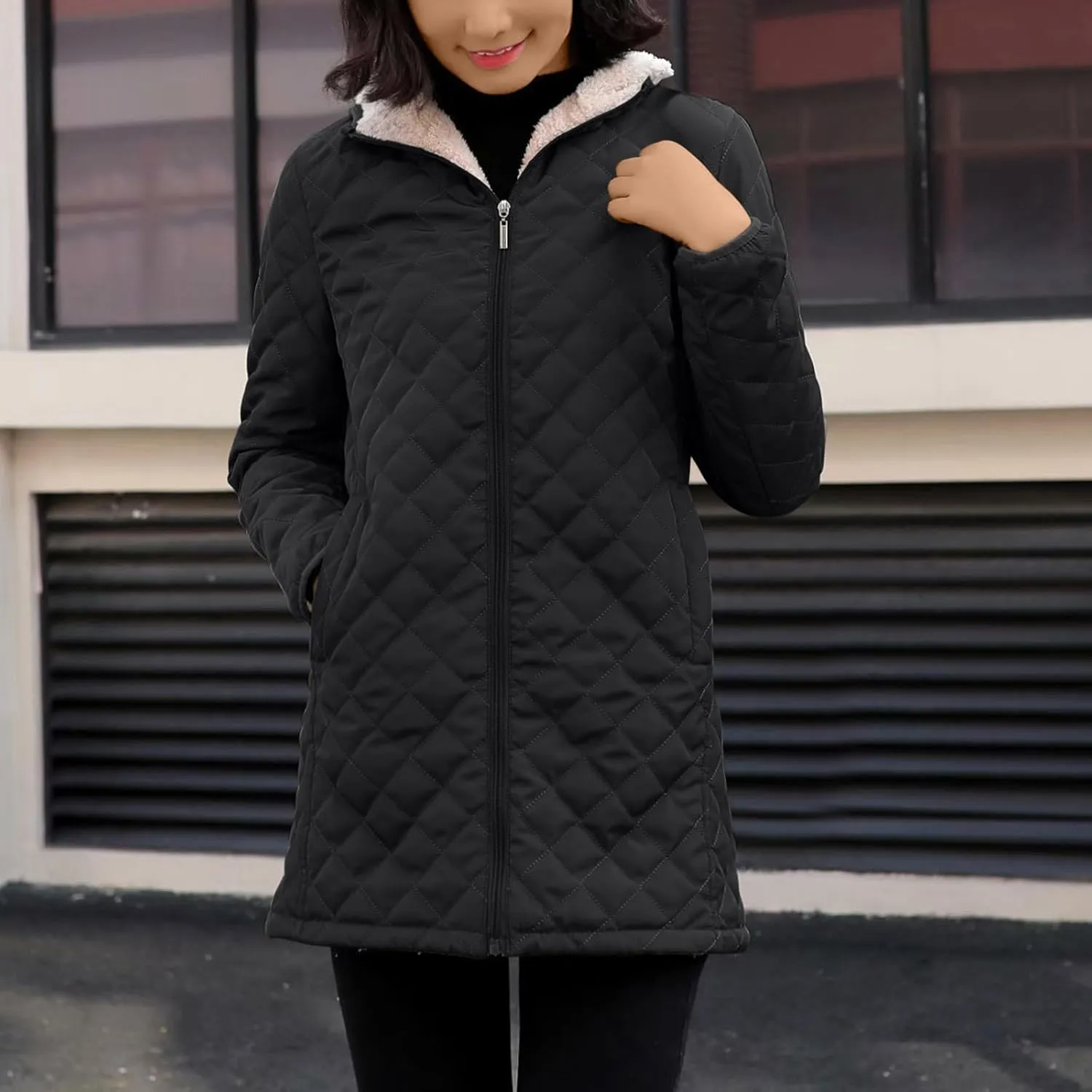 Women's Warm Winter Puffer Coat Thicken Fleece Lined Down Jacket Faux Fur Sherpa Hood Parka Full Zip Up Winter Jackets